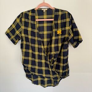 U of M Michigan Wolverines Maize Blue Yellow Navy Plaid Collegiate Top Blouse
